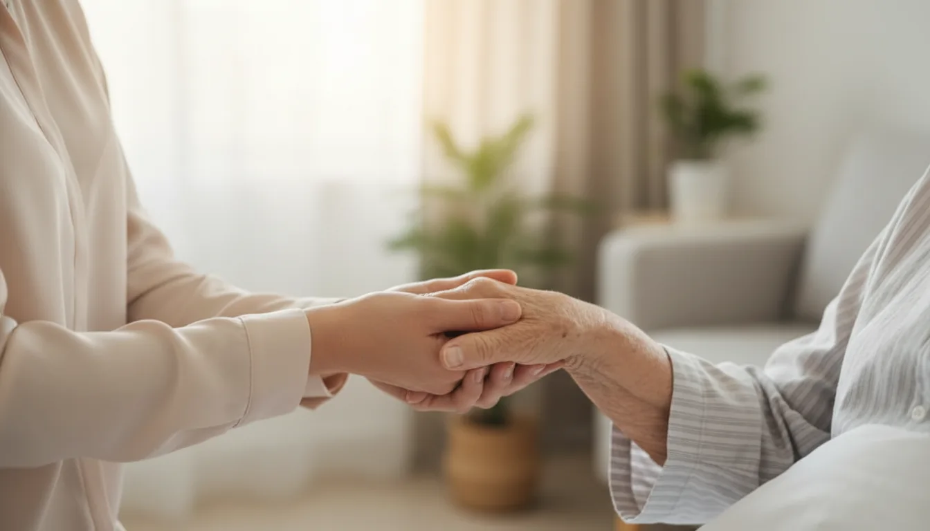 Manos de una cuidadora sosteniendo con cariño la mano de un adulto mayor