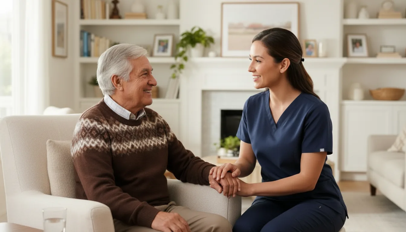 Enfermera de Global Servicios Care conversando con cariño junto a un adulto mayor en la sala de su hogar en Santiago
