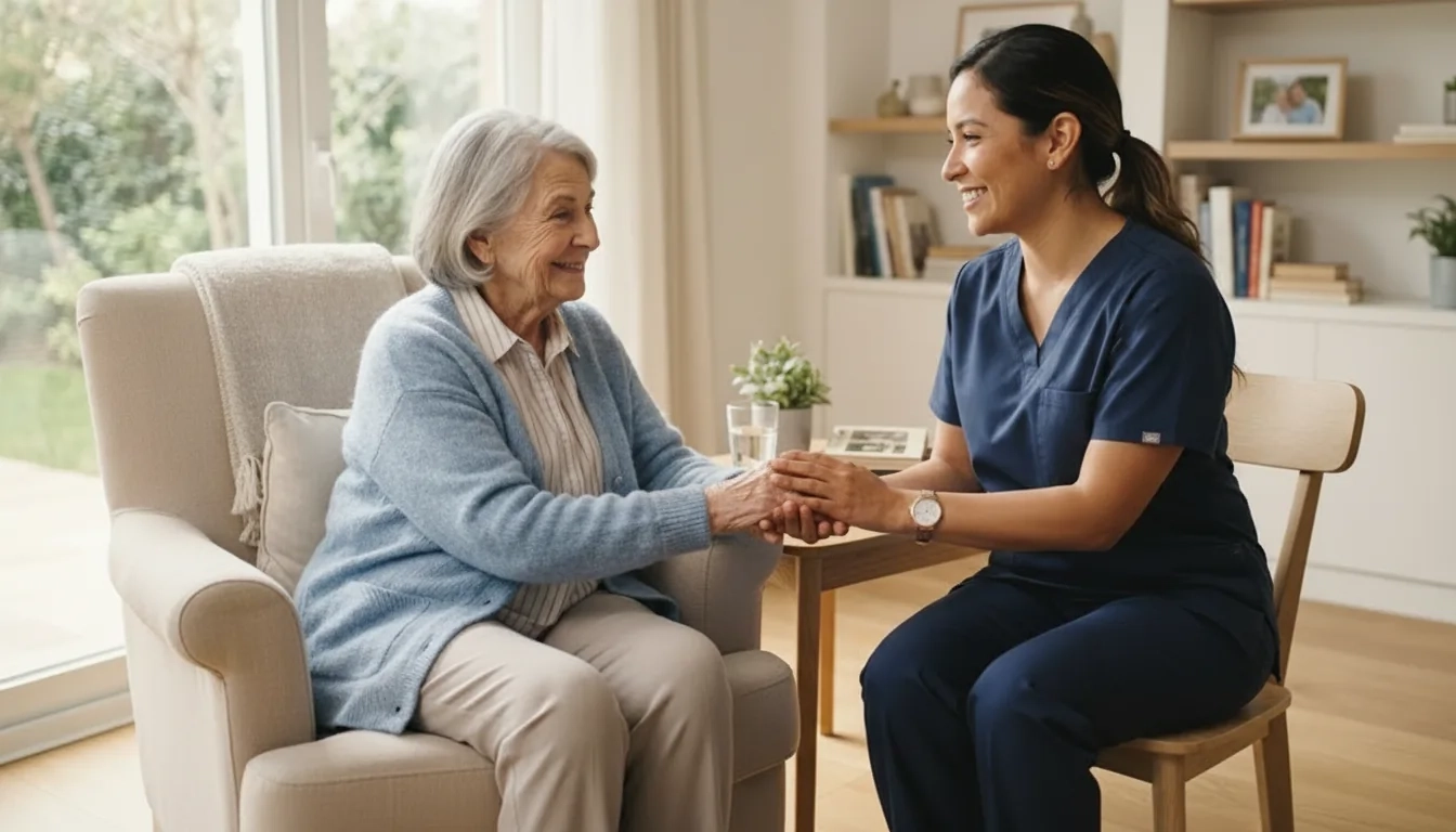 Cuidadora de Global Servicios Care tomando con cariño la mano de una adulta mayor sonriente en su living