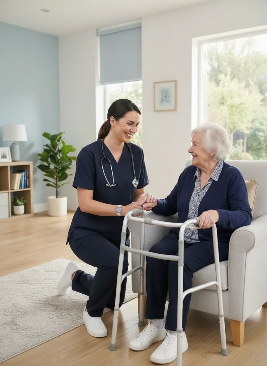 Enfermera de Global Servicios Care asistiendo a un adulto mayor en un hogar moderno y luminoso