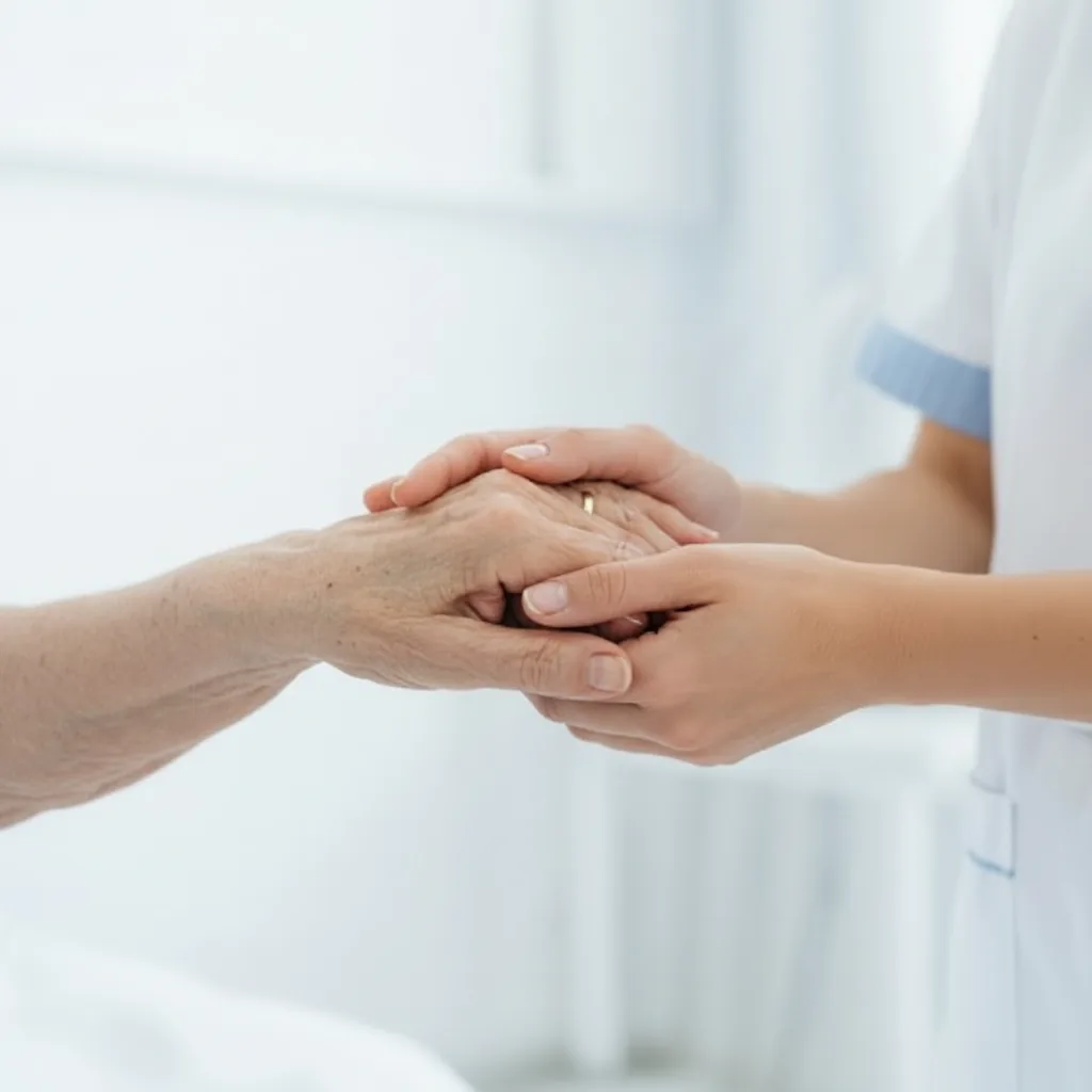 Manos de una cuidadora y de un adulto mayor entrelazadas, símbolo de confianza